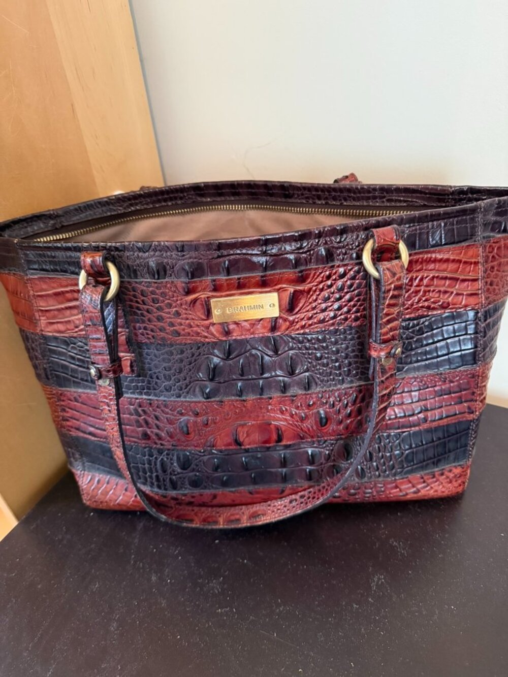 BRAHMIN Croc Embossed Leather Medium Asher Tote Bag Multi Stripe Cognac / Pecan